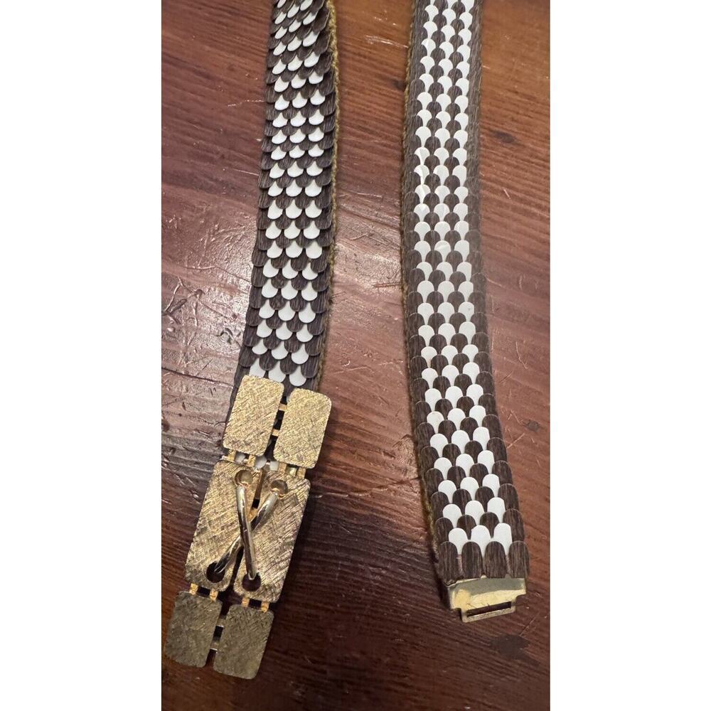 Vintage Art Deco Gold Metallic Fish Scale Elastic Glam Stretchy Belt - Picture 8 of 10